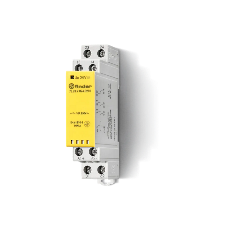 Finder Relé s nútene vedenými kontaktmi, DIN, 2Z+1R 6A, 24V DC, 1 modul. 7S.23.9.024.0210